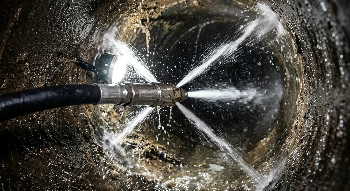 High-pressure hydro jetting nozzle cleaning sewer pipe for Trenchless Sewer Repair in Williamson