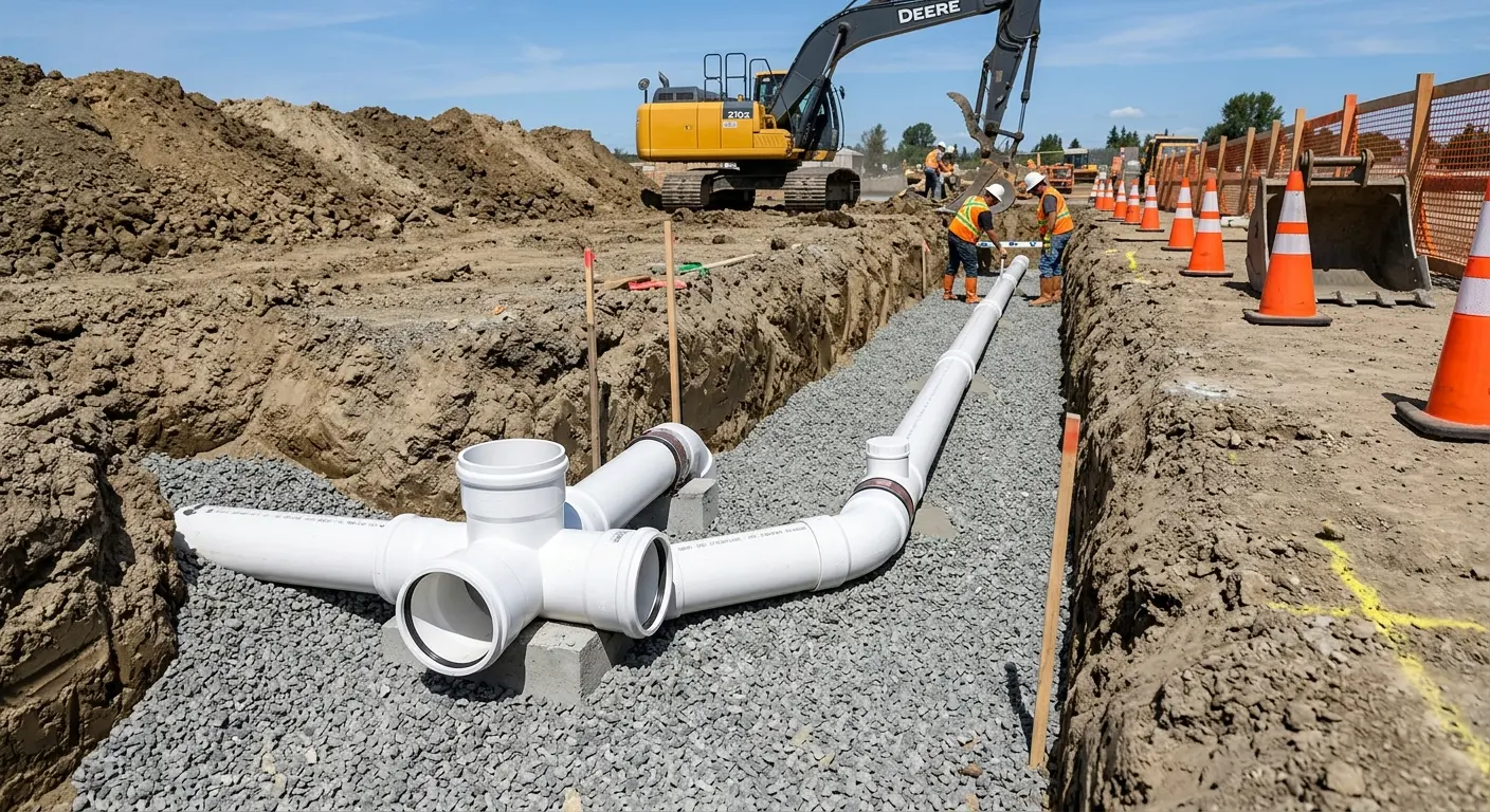 New PVC sewer pipe installation in open trench for Sewer Backup in Williamson